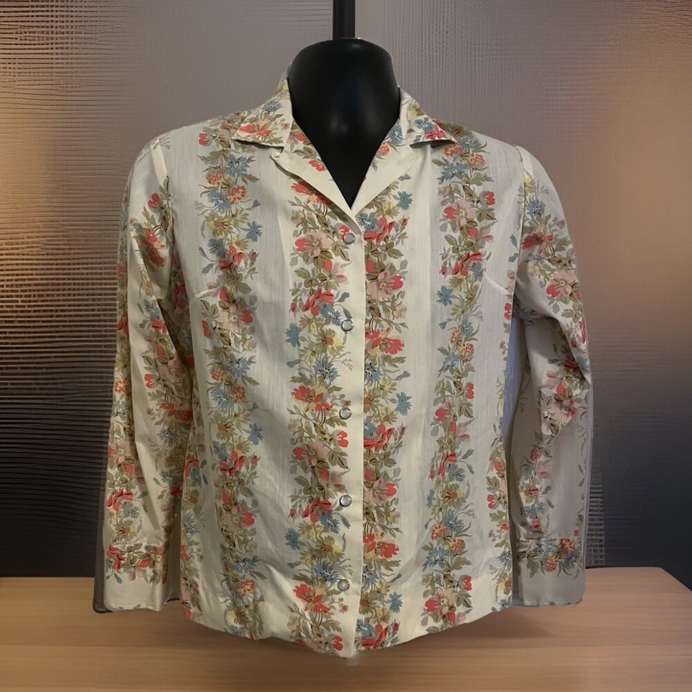 VTG 70s Western Dagger Collar Shirt H Bar C Floral Stripe Mod Long Sleeve S/M